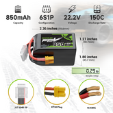 OVONIC 11,1 V 150 C 850 mAh 6S LiPo-Akku mit XT30-Stecker für bürstenlose 90-180 mm FPV-Drohnen Cinelog & Protek25